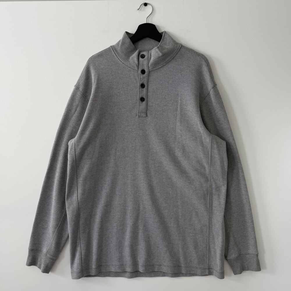 Duluth Trading Co Mens Gray Waffle Knit Henley Mock Neck Pullover Large RN106803